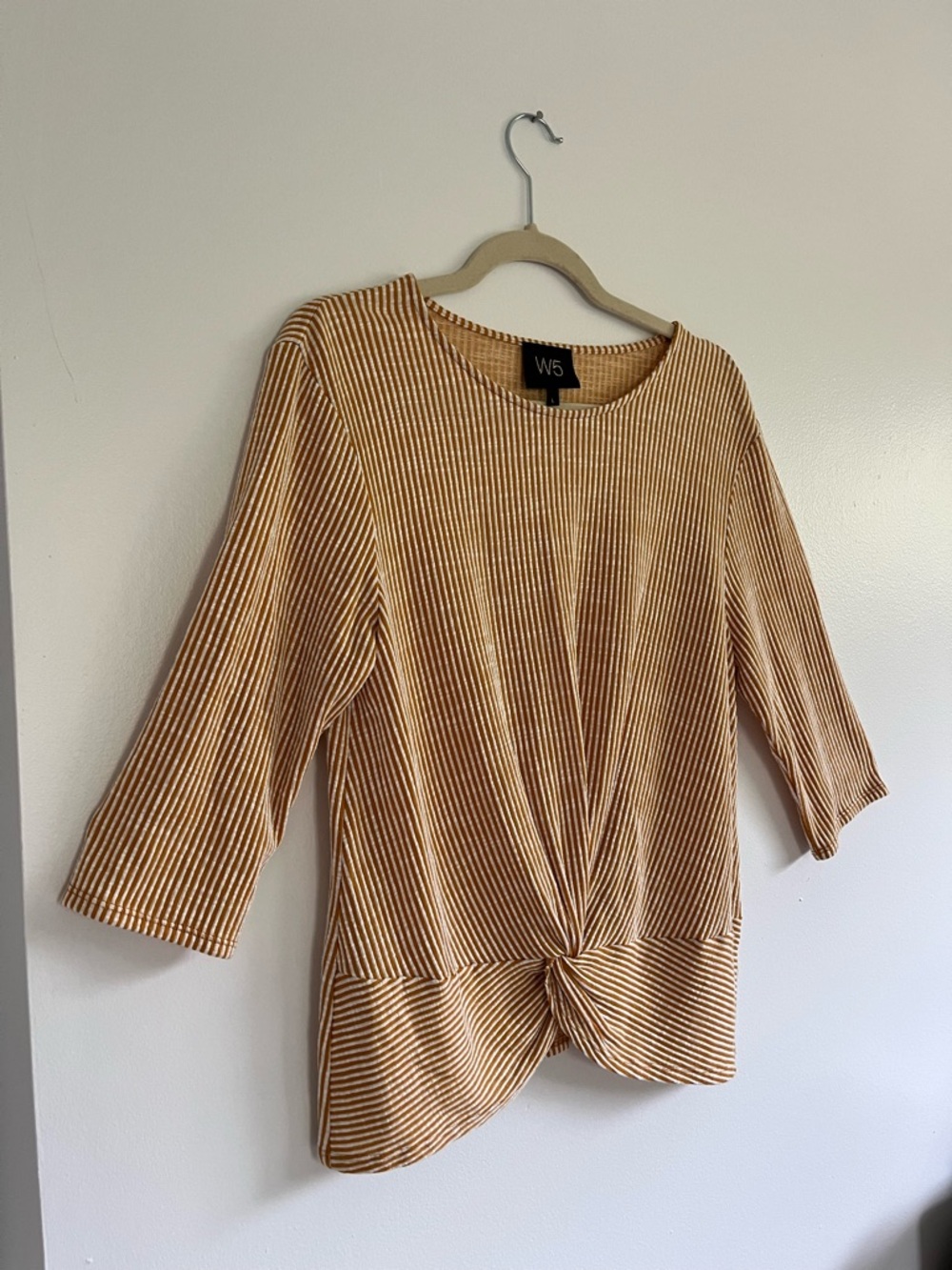 W5 Anthropologie Mustard Yellow White Striped Twist-Front 3/4 Sleeve Top - Picture 4 of 6